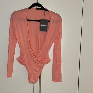 Missguided Long Sleeve Wrap Over Plunge Bodysuit